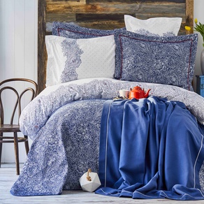 Набор постельное белье с покрывалом + плед Karaca Home - Simi mavi 2018-2 голубой евро