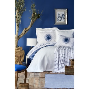 Набор постельное белье с покрывалом + пике Karaca Home - Belina mavi голубой евро