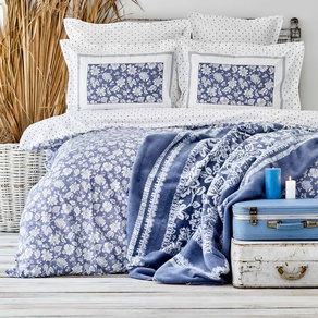 Набор постельное белье с пледом Karaca Home - Celerina синий евро