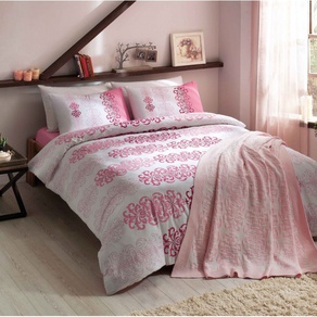 Набор постельного белья TAC ранфорс + плед вязанный Triko - Despina розовый V2 евро